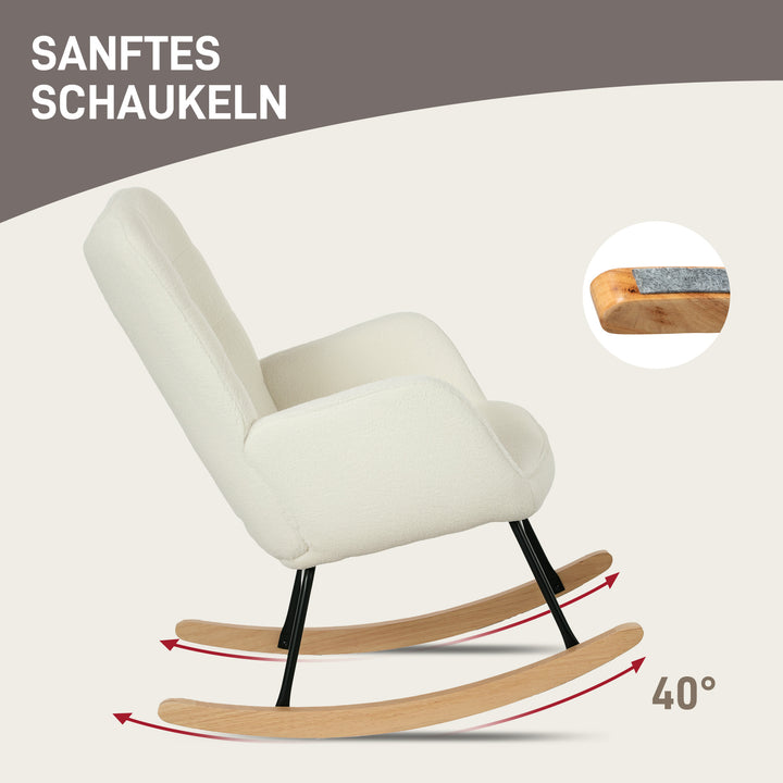 Gyngestol i fleece-look med armlæn, ergonomisk lænestol med træbase, til stue, soveværelse, hvid