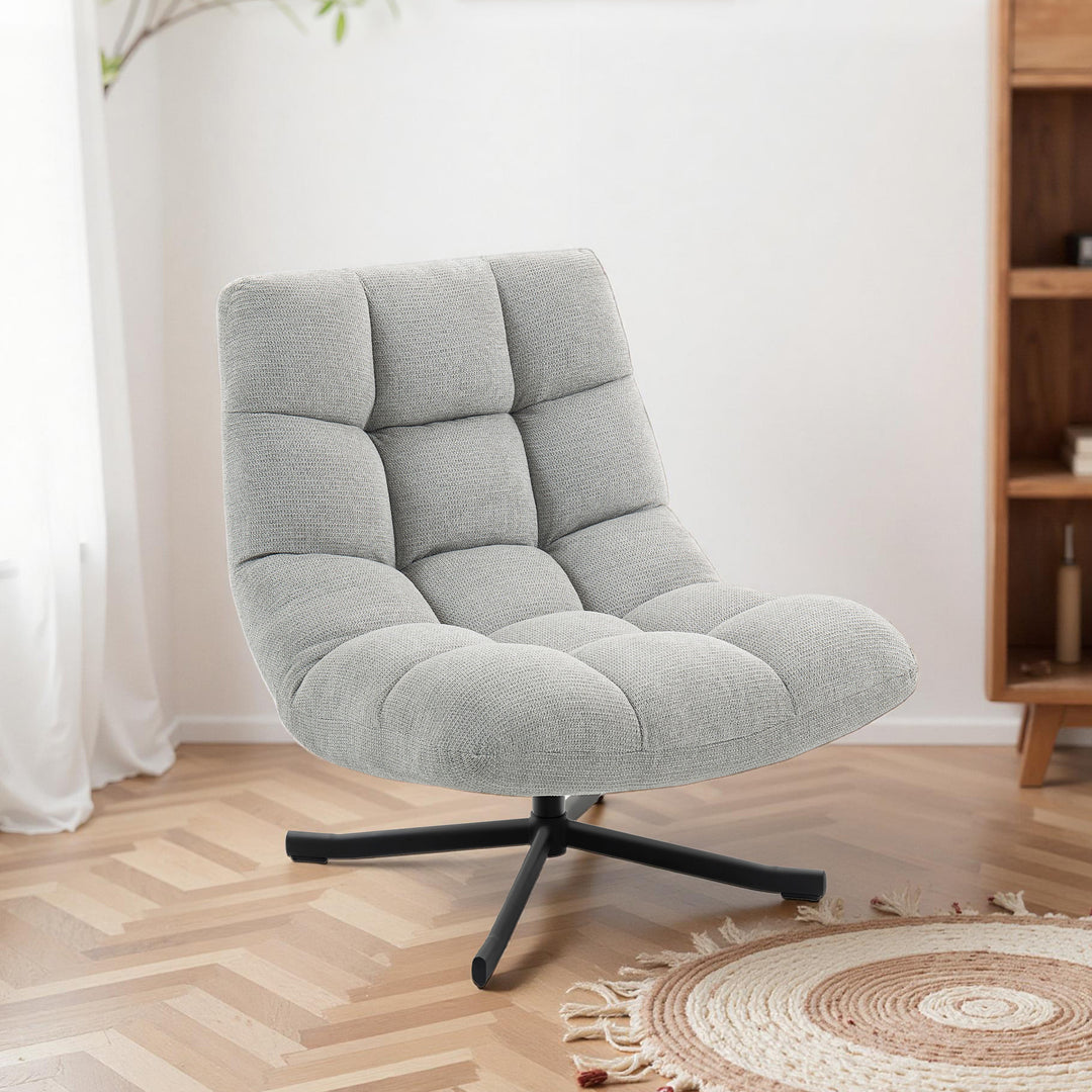 Drejelig loungestol med bredt sæde, vandafvisende chenille-look, krydsede stålben, lysegrå