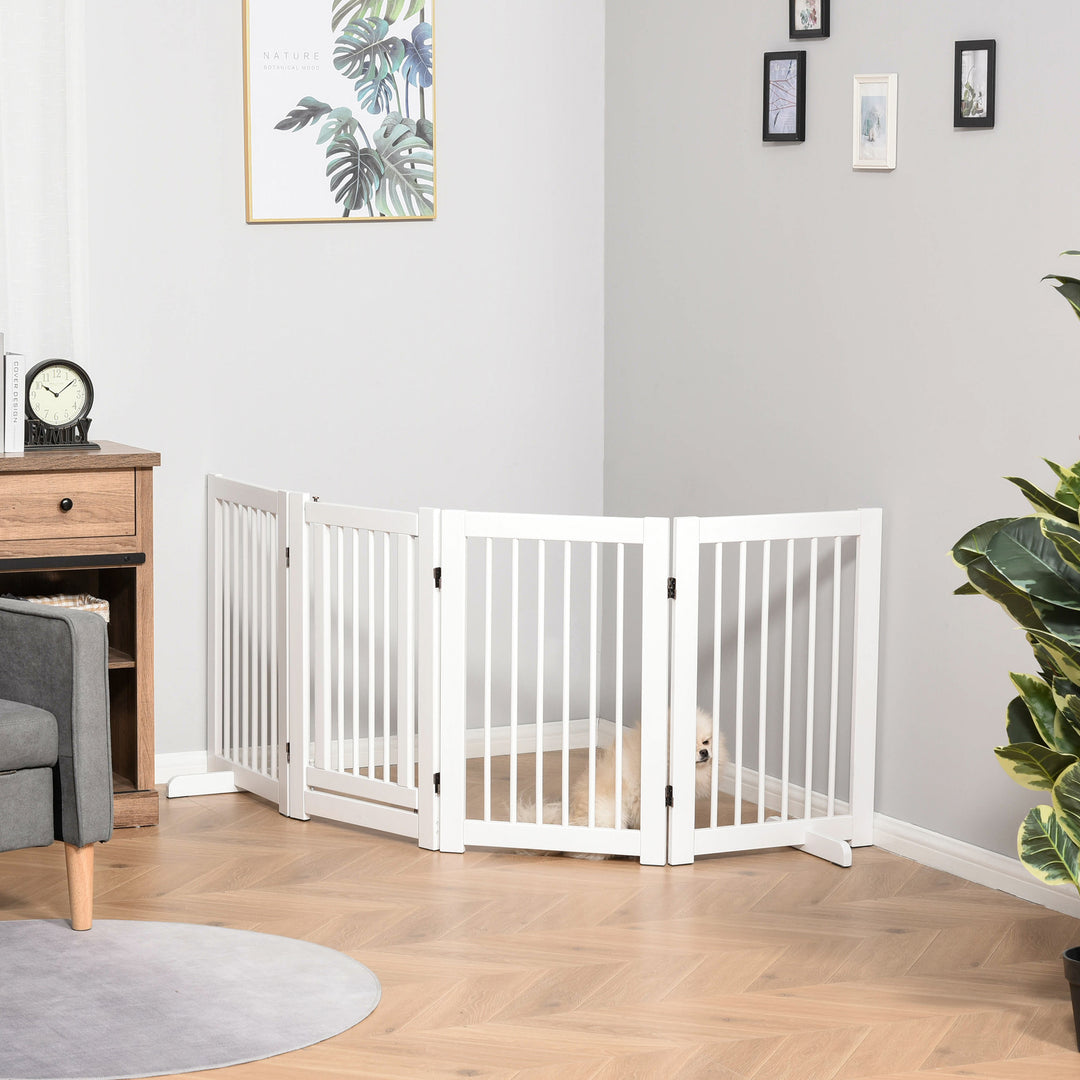 Hundesikkerhedsgitter, sæt med 4 dele, 220 x 91 cm, foldbart, med dør, fritstående hundegitter med 2 støttefødder, trætrappegitter til entré, køkken, trappe, hvid