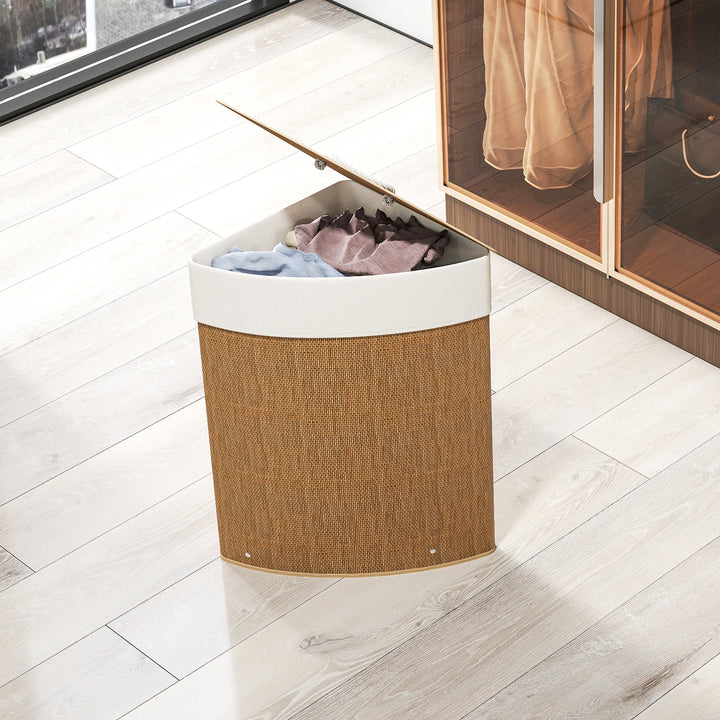 Hjørnevasketøjskurv, bambusvævet, 55 liter, stofpose, metalramme, brun