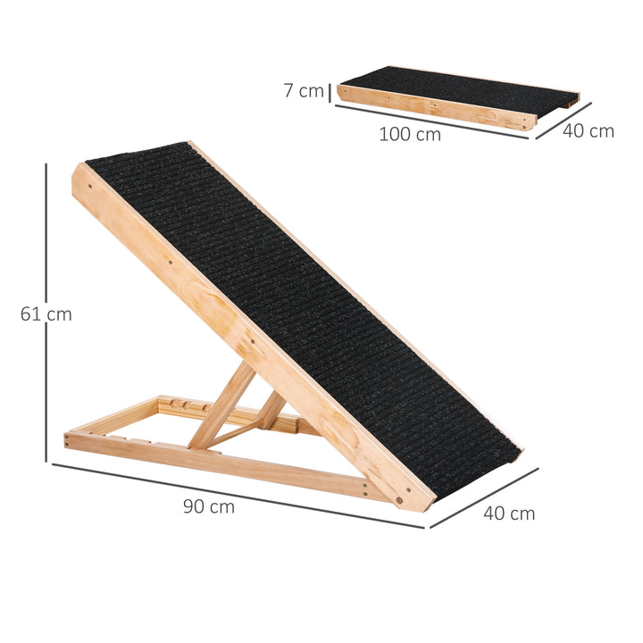 Dyrerampe med skridsikkert tæppe, justerbar dyrestige, hundelarampe til store hunde, fyrretræ, polyester, sort + naturtræ, 90B x 40D x 61H cm