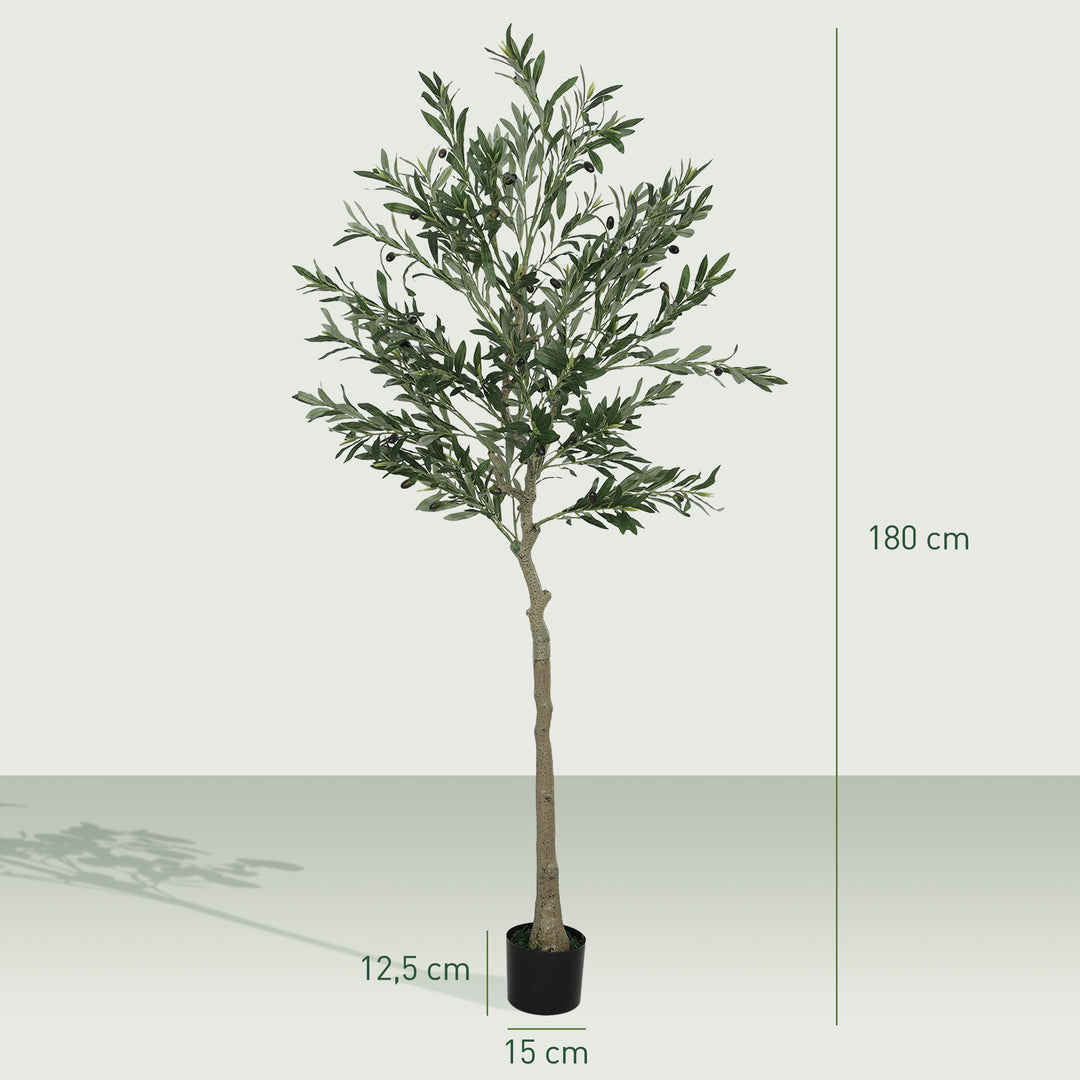 Kunstigt oliventræ, 180 cm, 900 blade, 40 oliven, robust urtepotte, dekorativ plante, grøn