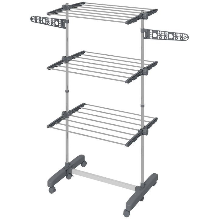 Tørrestativ. 4 niveauer, foldbar, et-klik-system, 142 cm x 55 cm x 152 cm, blå + sølv