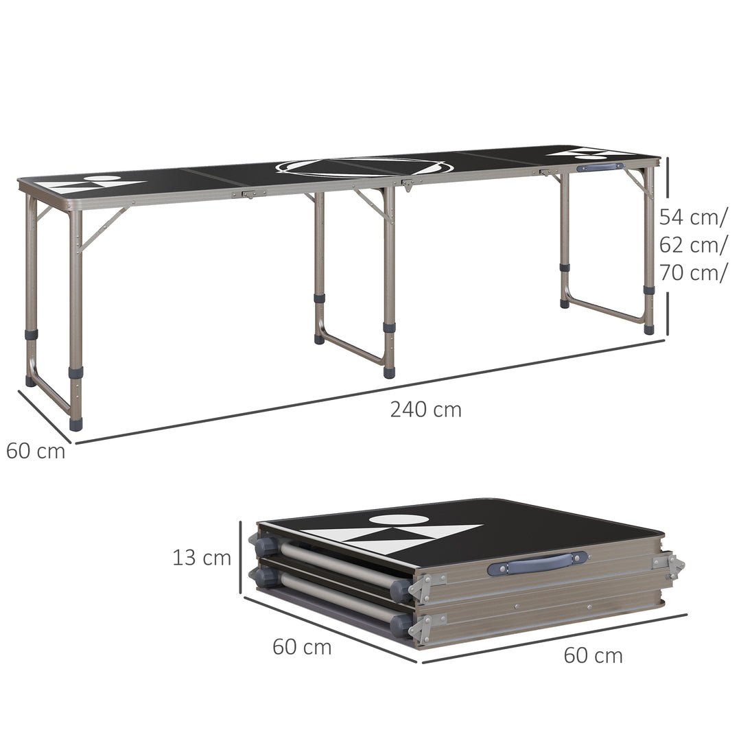 Sammenklappeligt campingbord, let, højdejusterbart, aluminiumsstel, 240 x 60 x 54/62/70 cm, sort