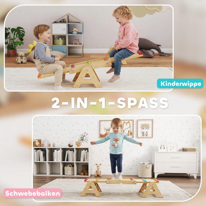 2-i-1 balancevippe til børn, træbalancebom, vippevippe til haven, balancebræt 133 x 38 x 24 cm