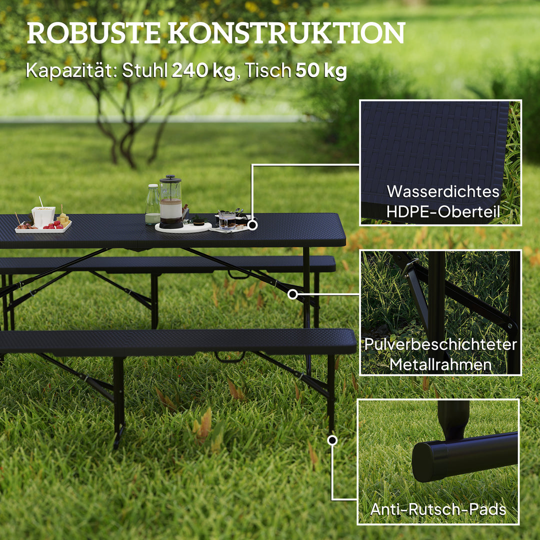 Picnicbord og bænke, 3-delt sæt, foldbart, plastik, metal, sort