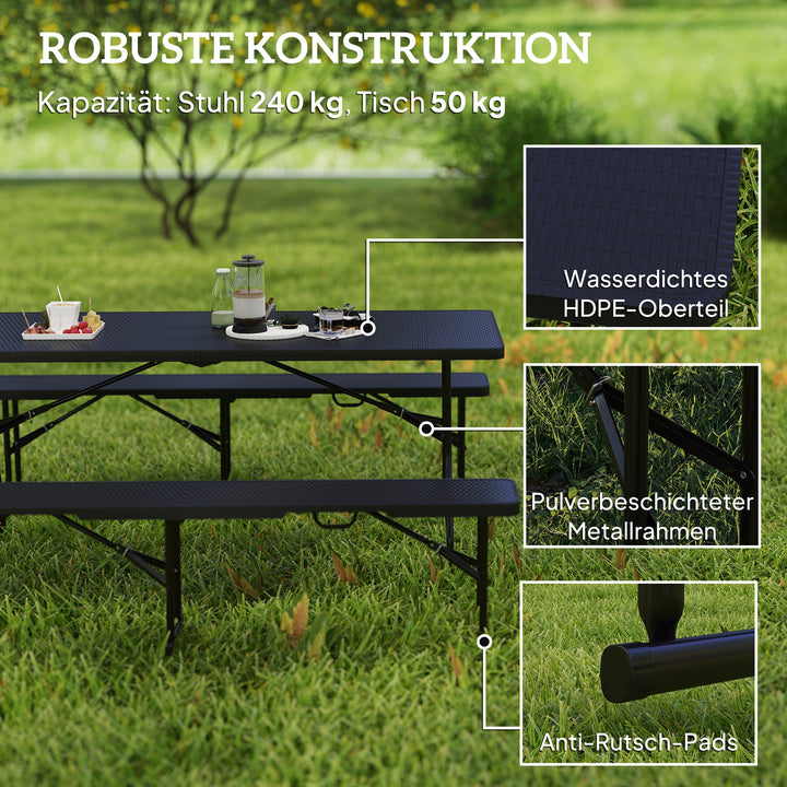 Picnicbord og bænke, 3-delt sæt, foldbart, plastik, metal, sort