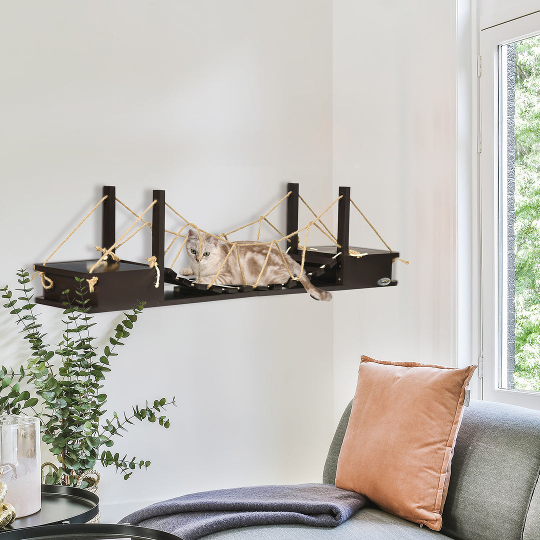 Klatrevæg til katte, hylde til katte, hængebro, 96 cm x 20 cm x 25,5 cm, brun