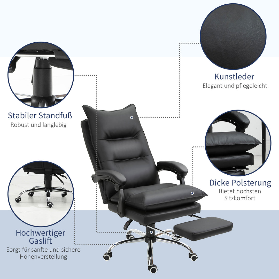 Kontorstol med lænefunktion, ergonomisk skrivebordsstol, højdejusterbar drejestol med fodstøtte, polstret, lasteevne op til 135 kg, til kontor, studie, sort