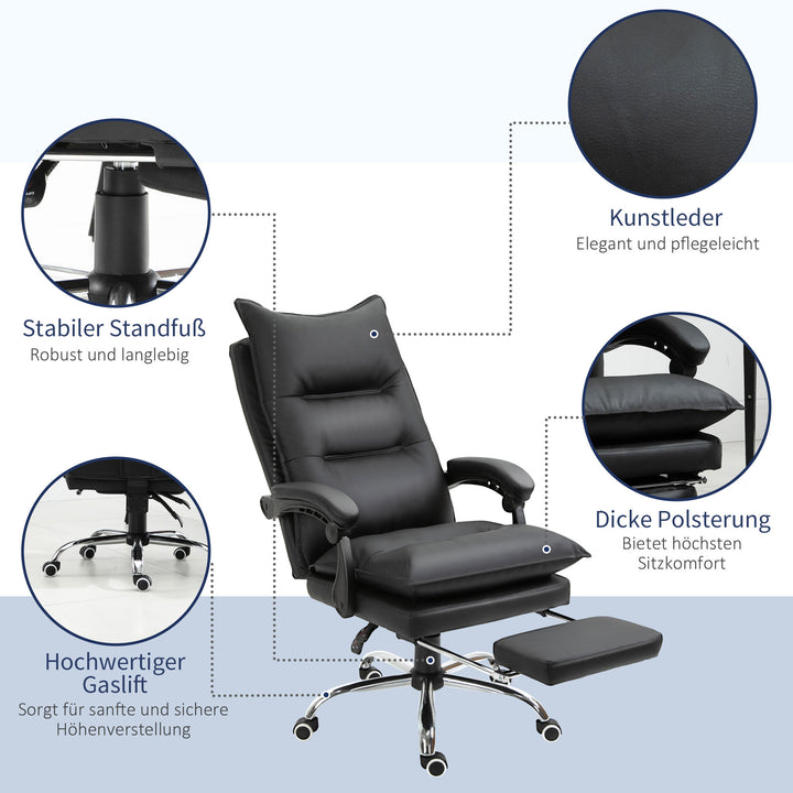 Kontorstol med lænefunktion, ergonomisk skrivebordsstol, højdejusterbar drejestol med fodstøtte, polstret, lasteevne op til 135 kg, til kontor, studie, sort