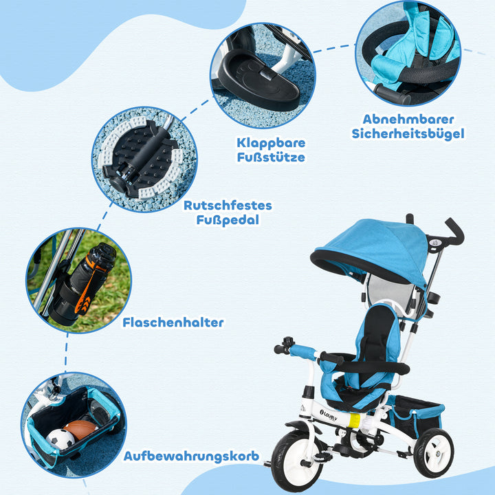 6-I-1 børnetrecykel med skubbehåndtag, kaleche, sele, opbevaringskurv, til 1-5 år, blå