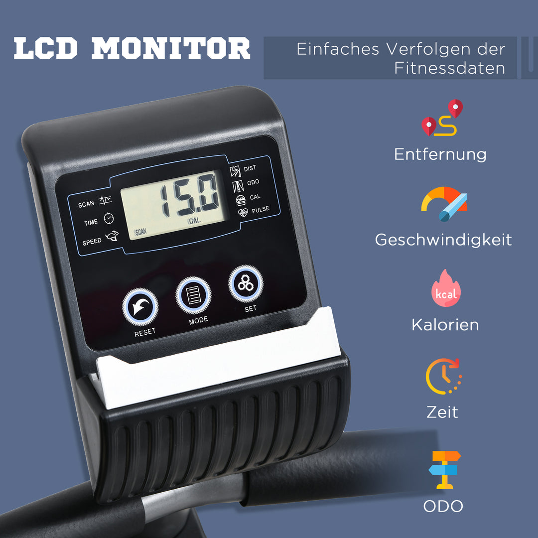 Liggende motionscykel med LCD-display, 8-trins justerbar magnetisk modstand, liggende motionscykel, hjemmetræner med pulsmålere, justerbar ryglæn, liggende motionscykel til seniorer op til 110 kg