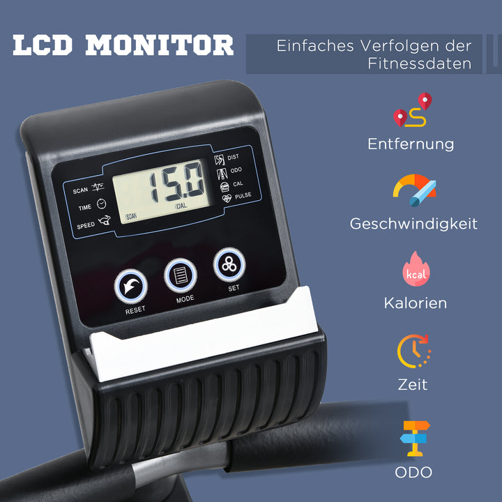 Liggende motionscykel med LCD-display, 8-trins justerbar magnetisk modstand, liggende motionscykel, hjemmetræner med pulsmålere, justerbar ryglæn, liggende motionscykel til seniorer op til 110 kg