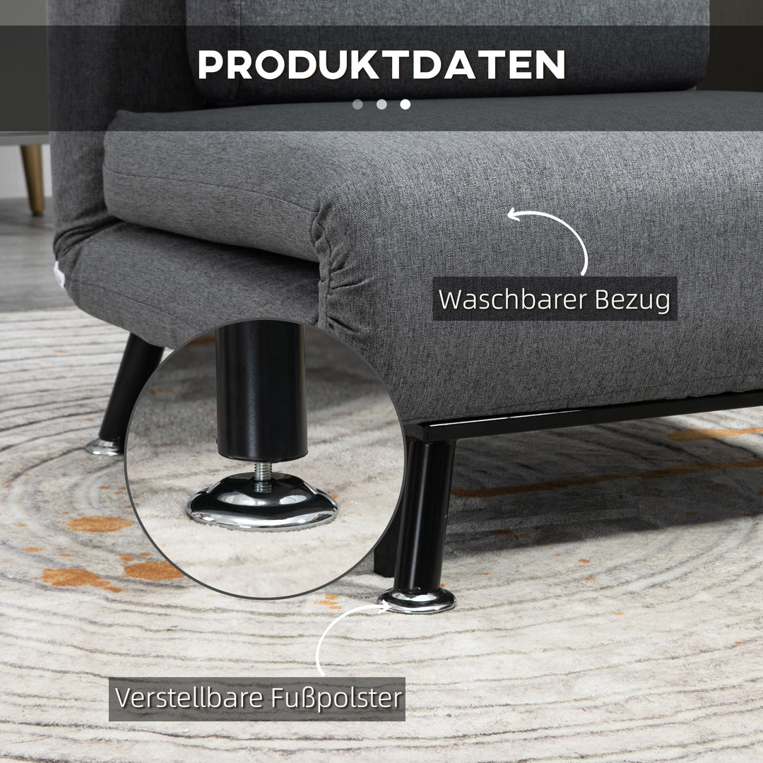 Stol med sengefunktion, foldbar afslapningsstol i linnedlook, justerbar ryglæn, 75 x 70 x 75 cm, mørkegrå