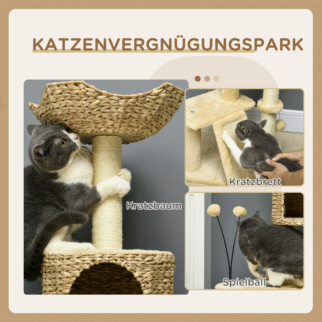 Kradsetræ med kattehule, liggeplatform, legebold, 45x40x116 cm, brun/beige