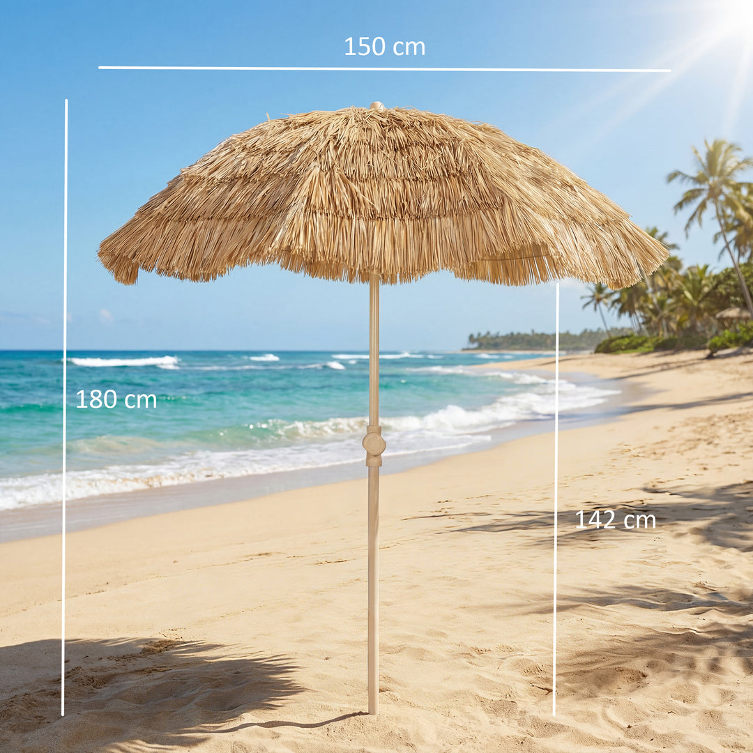 150 cm Hula stråtag Tiki strand- og haveparasol med sandanker, justerbar højde og vippefunktion, stråtagsparasol