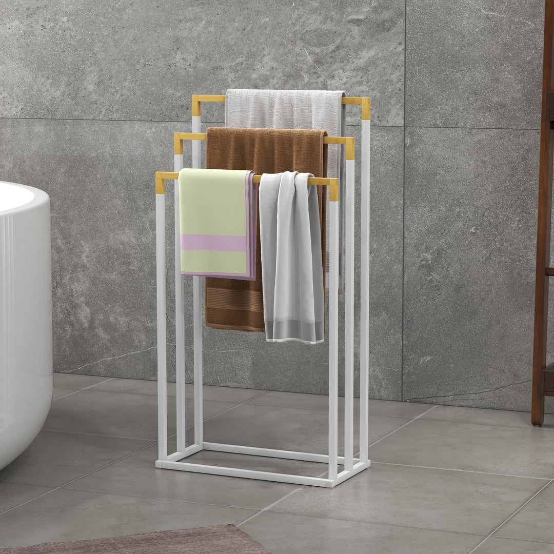 Kleankin håndklædeholder håndklædeholdersæt med 3 håndklædestænger, industrielt design, bambus, 45 x 22,5 x 86 cm, hvid + naturlig
