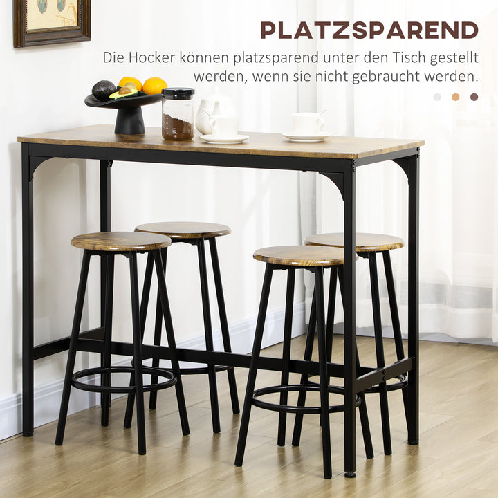5-Delt barbordssæt i industrielt design, 1 barbord, 4 barstole, siddegruppe, køkkenbordplade, sort + brun