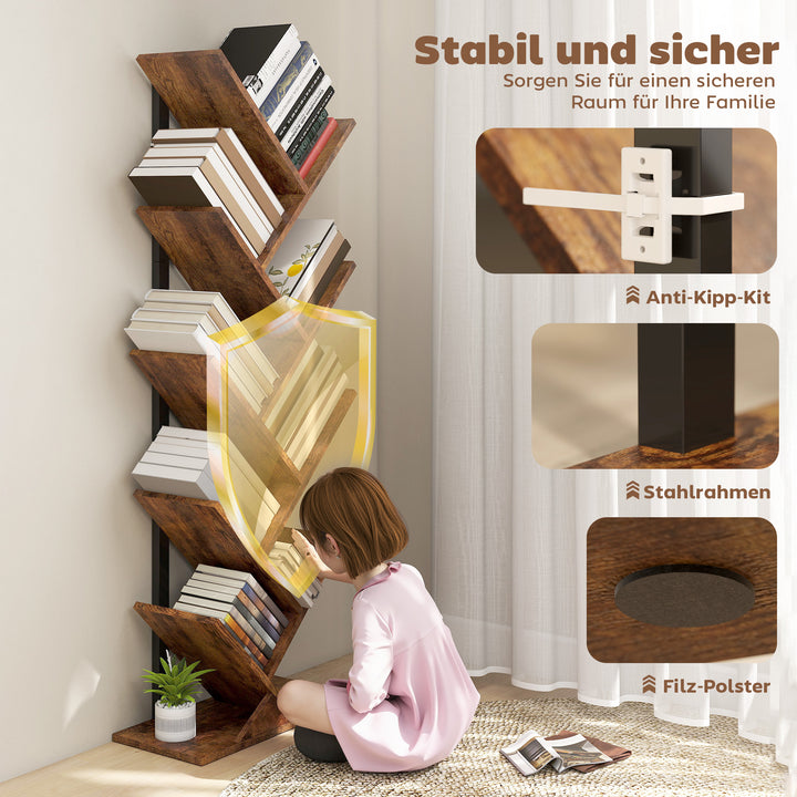 Bogreol med 9 etager, smal hylde i træform til kontor, rustik brun