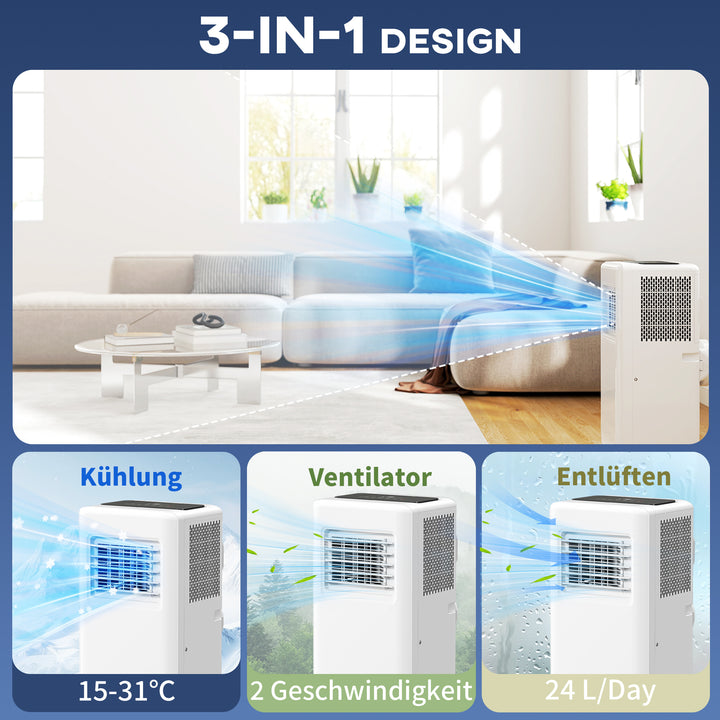 Bærbart klimaanlæg, forskellige indstillinger, LED-display, timer, hjul, hvid