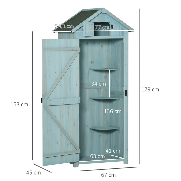 Træskur, vejrbestandigt redskabsskur 77x54,2x179cm, havehus med dør, skråtag, redskabsskab med hylder, redskabsskur til haven, terrasse, lyseblå+grøn