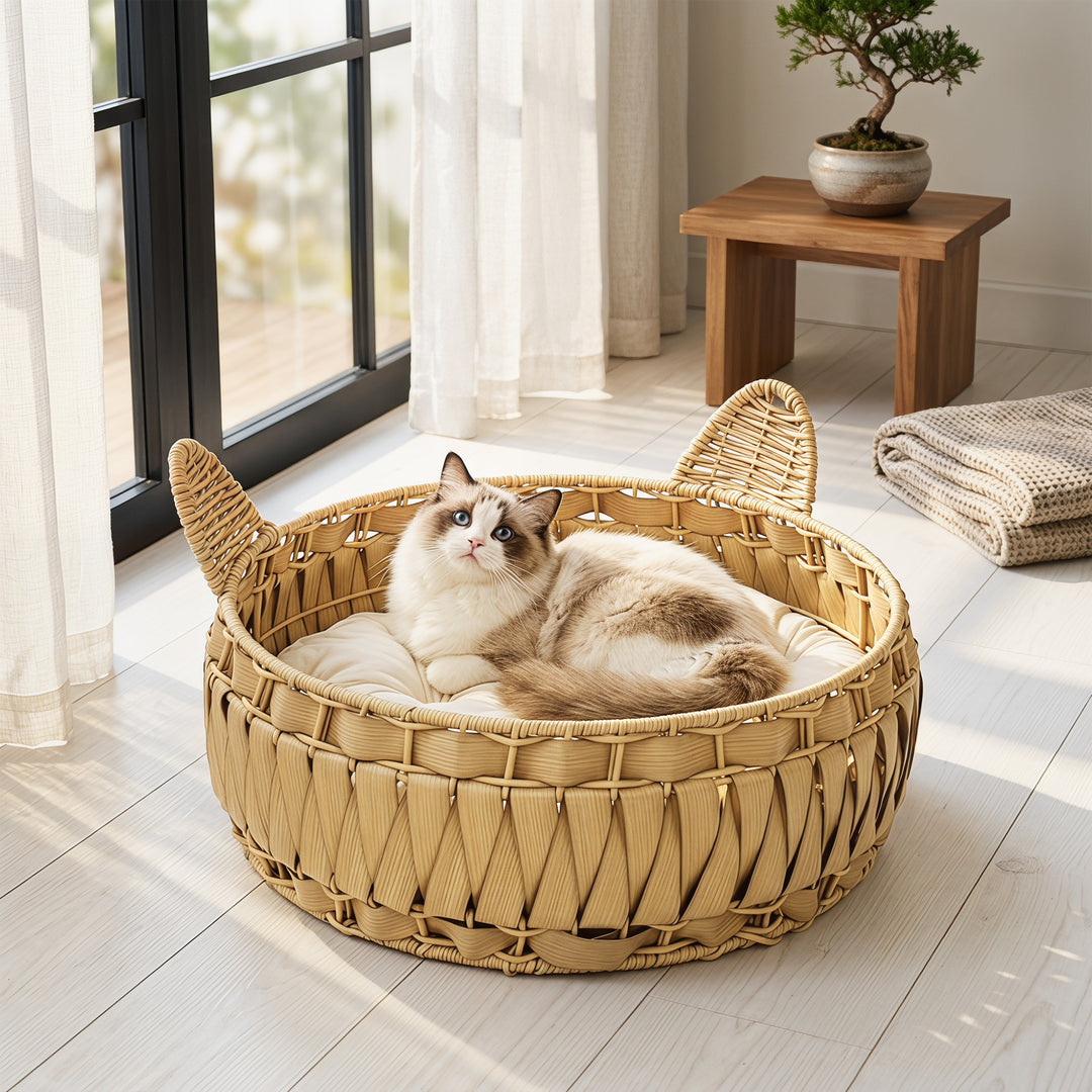 Rattan katteseng, kattehule med aftagelig hynde, kattekurv til katte op til 10 kg, 50 x 50 x 25 cm, lysebrun