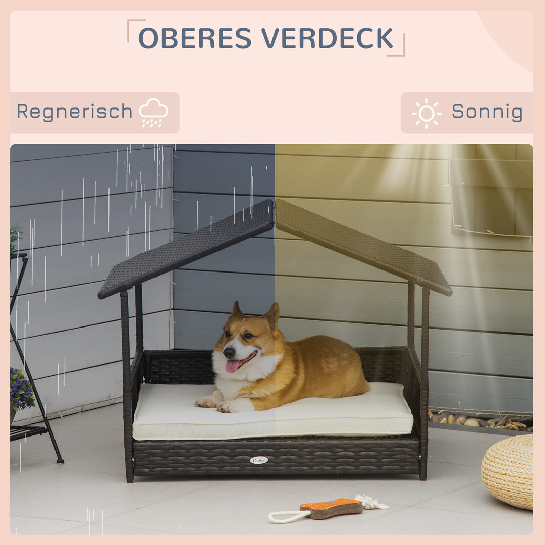 Rattan hundeseng udendørs med tag, forhøjet hundeseng til små og mellemstore hunde, kølende hundeseng med metalramme, hundeseng til udendørs, 69 x 98 x 70 cm, kaffebrun