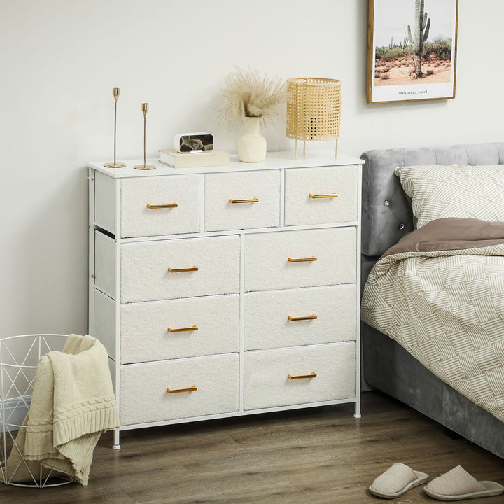 Stofkommode, 9 skuffer, stålstel, elegant, alsidig, hvid