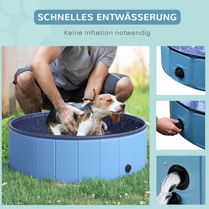 Sammenklappeligt hundebadekar, hundepool, swimmingpool, børnepool, badekar til hunde og katte, vandbassin af plastik og træ, Ø100 x H30 cm, blå
