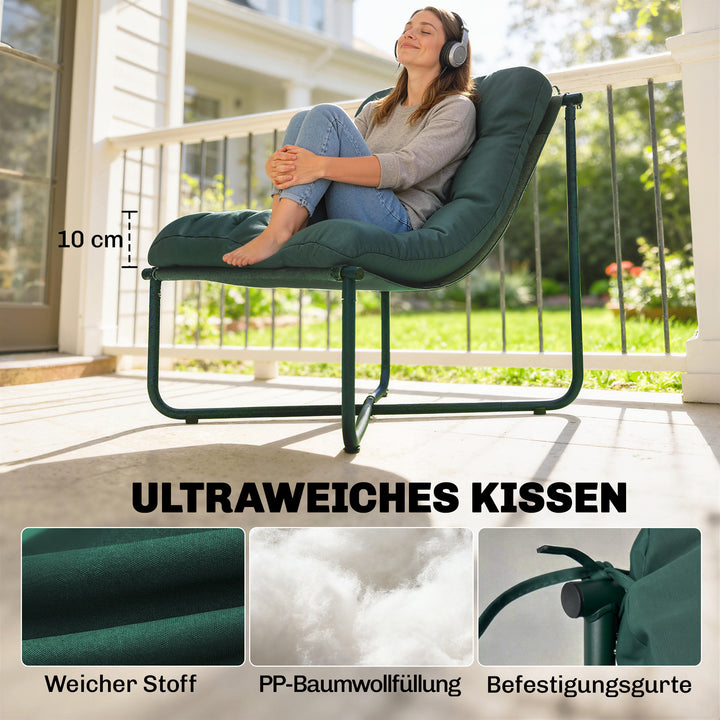 Havestol, havelænestol med hynde, åndbart slyngesæde, stålstel til have/terrasse, 76 x 92 x 76 cm, mørkegrøn