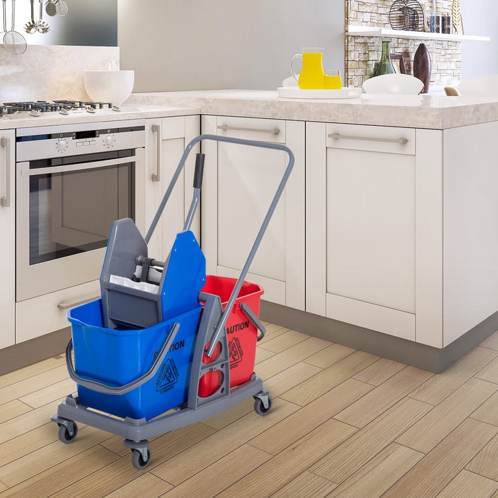 Rengøringsvogn moppevogn med 2 spande systemvogn med 4 letløbende hjul metal+pp blå+rød 73 × 45 × 92 cm