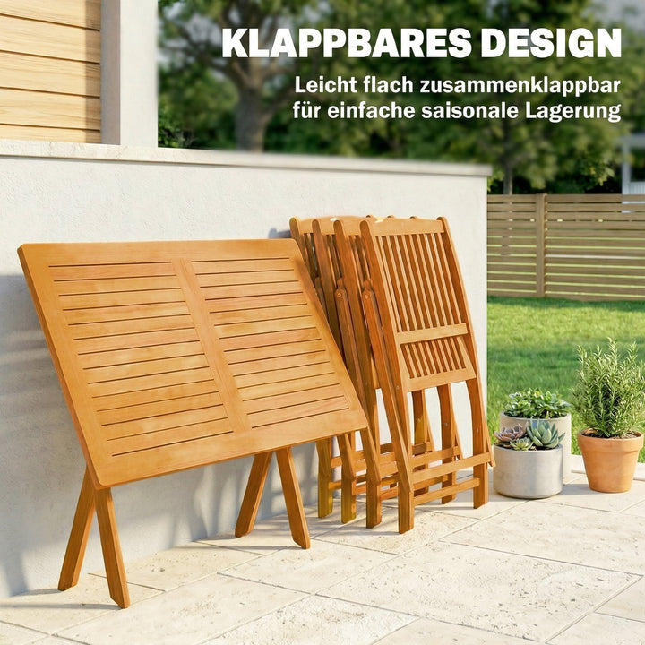 FSC-certificeret havemøbelsæt i træ, 5 dele, klapbord med 4 klapstole, lameldesign til haven, naturtræ