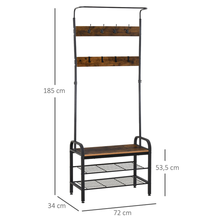 Knagerække skohylde tøjstativ med 8 knager 2 hylder mdf sort 72 x 34 x 185 cm