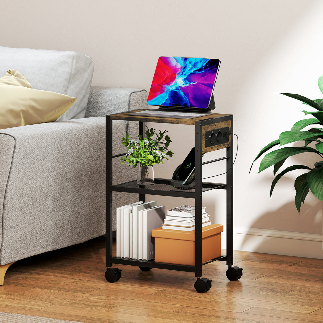 Printerstativ/printerhylde med hjul, stikkontakter, USB- og USB-C-porte, op til 40 kg, rustik brun