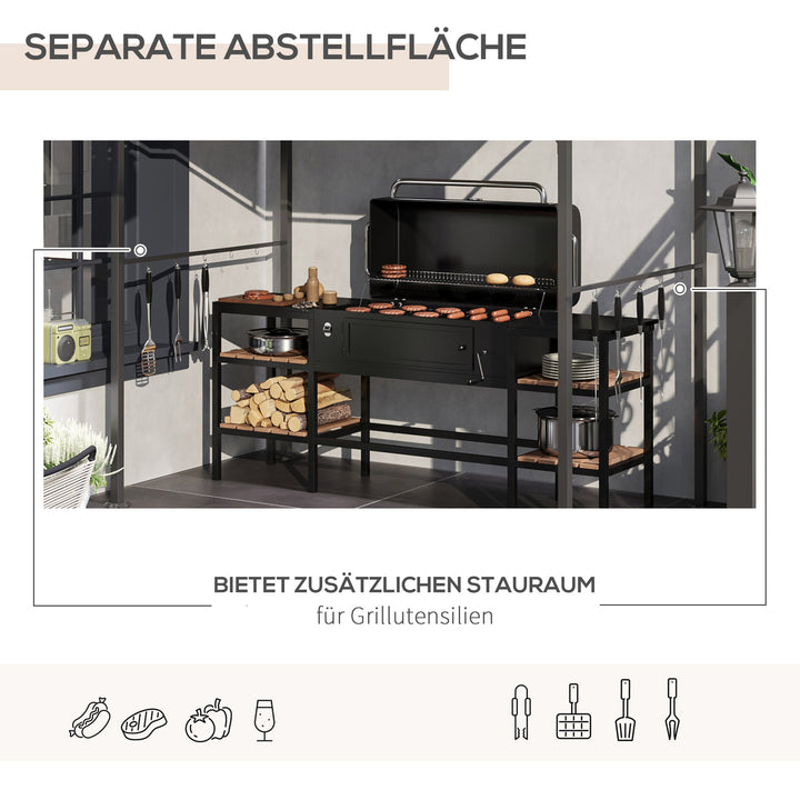 Grillpavillon, grillbaldakin, regnslag, kroge til redskaber, stålramme, beige+sort, 215 x 150 x 182/220 cm