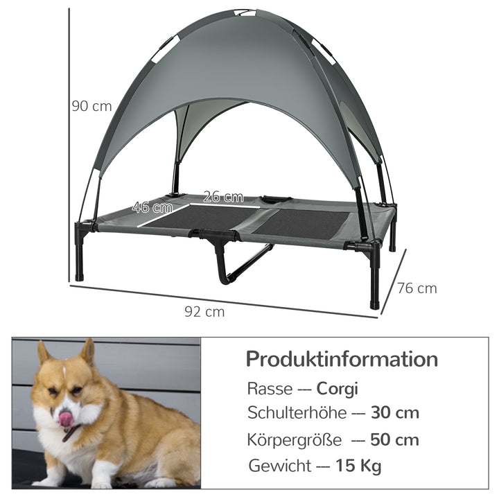 Forhøjet hundeseng med baldakin, kæledyrsseng, udendørs hundeseng med tag, åndbar, taffetastof til camping, grå, 92 x 76 x 90 cm