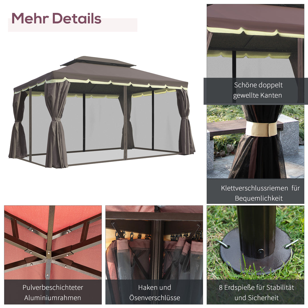 Havepavillon, lysthus, 390 x 290 x 280 cm, havetelt, partytelt med 4 sidepaneler, myggenet, vejrbestandig, aluminium, polyester, kaffe+sort