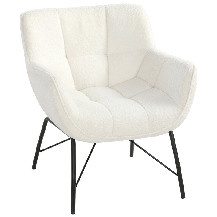 Moderne lænestol, sherpa fleece stol med buet ryglæn, integrerede armlæn, metalben, cremehvid