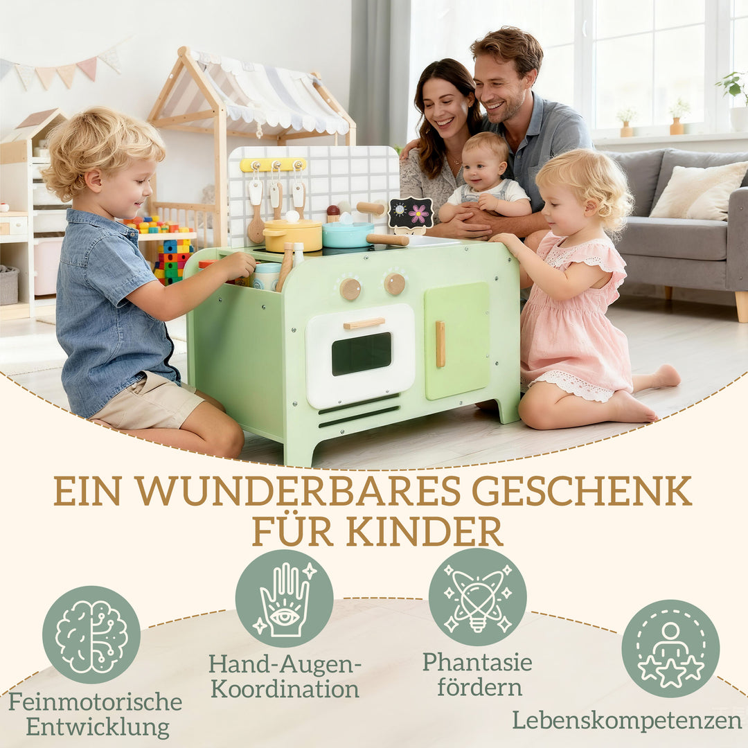 Børnekøkkenlegesæt, MDF, 15 tilbehør, skabe, 40 cm, fra 3 år, grøn