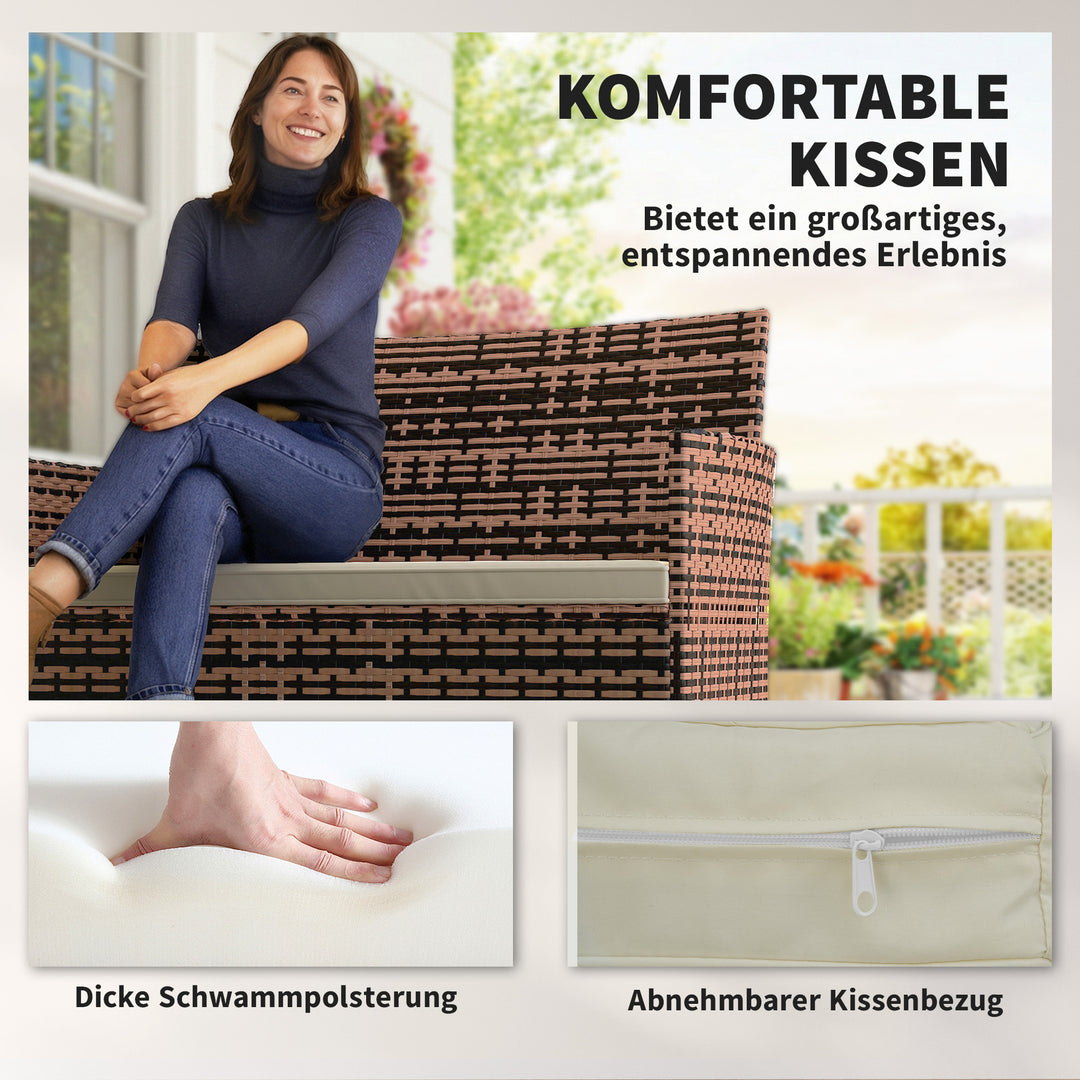 2-personers havesofa i rattan, PE-rattan udendørs terrassesofa med hynder, skridsikre måtter, stålstel, khaki