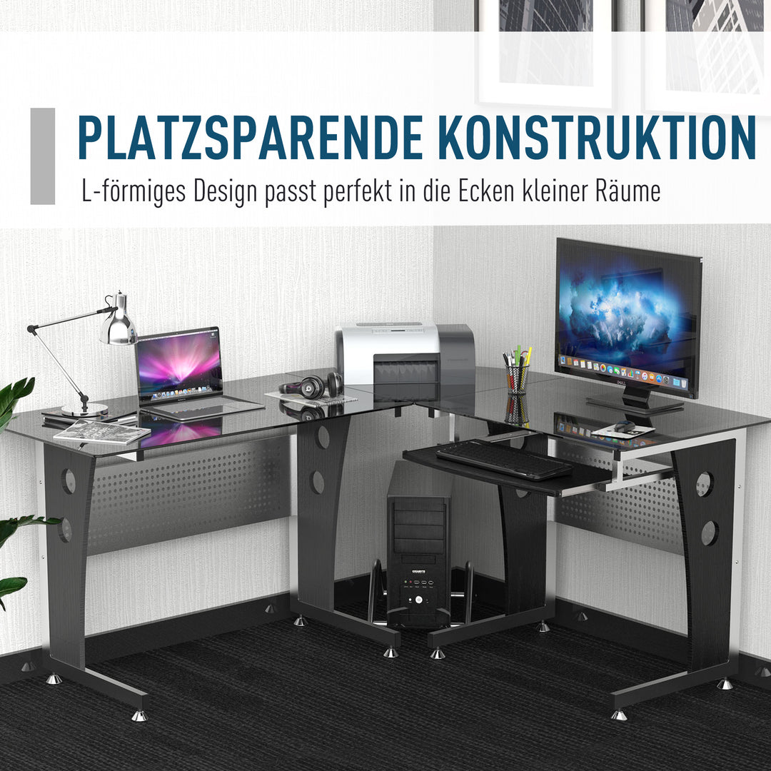 Computerbord hjørnebord kontorbord pc-bord med sort sikkerhedsglas l-formet 164x139x75 cm
