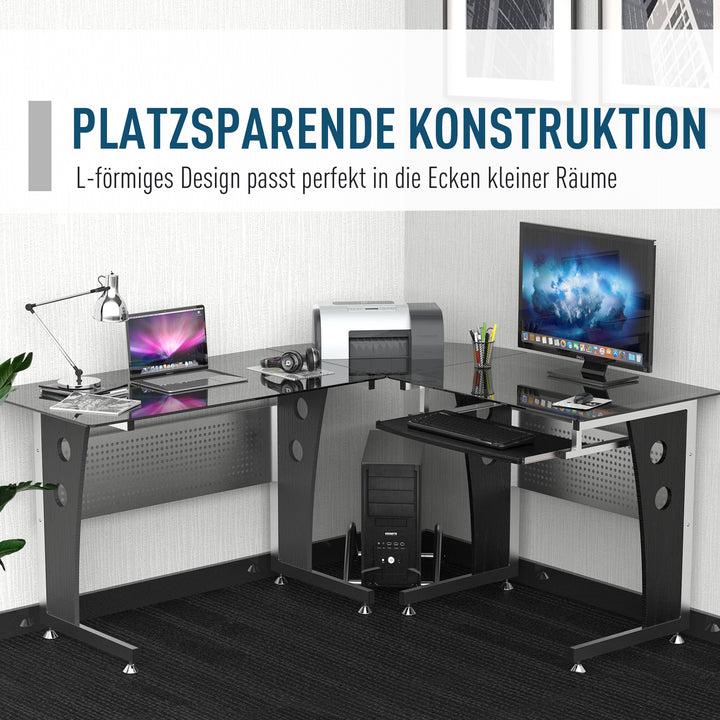 Computerbord hjørnebord kontorbord pc-bord med sort sikkerhedsglas l-formet 164x139x75 cm