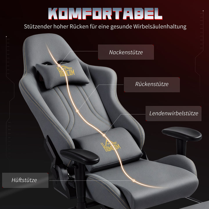 Ergonomisk gamingstol med 3D-armlæn, justerbar, rullende skrivebordsstol med lændestøtte, grå