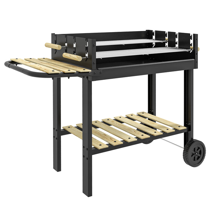 Kulgrill, grillvogn, 2 grillflader, 2 hjul, håndtag, hylder, 113 x 53,5 x 82,5 cm, sort
