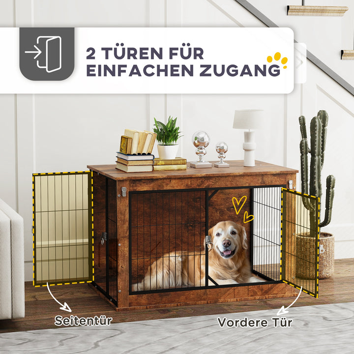 Hundebur, transportkasse til hunde, hvilekasse, til kæledyr, 2 låsbare døre, 98 x 60 x 65,5 cm, brun