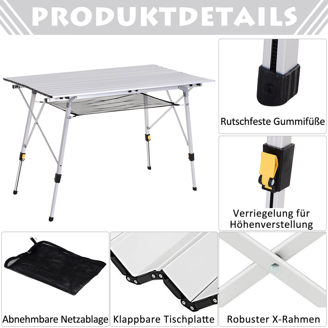 Picnic klapbord, sammenklappeligt bord, højdejusterbart campingbord, inkl. bæretaske, aluminium, sølv, 120 x 69 x 59-78 cm