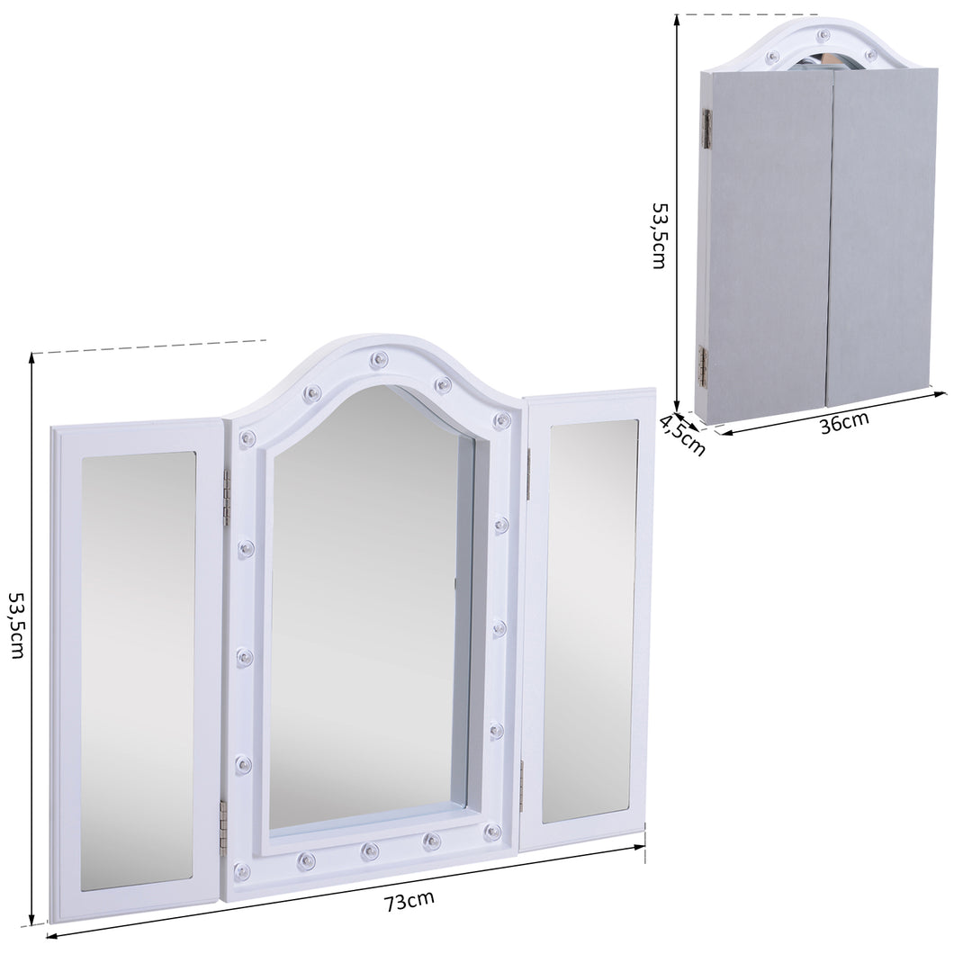 Kosmetikspejl makeupspejl 16 x led-belysning fritstående 180° foldbart batteridrevet hvid 3 spejle 73 x 53,5 x 4,5 cm