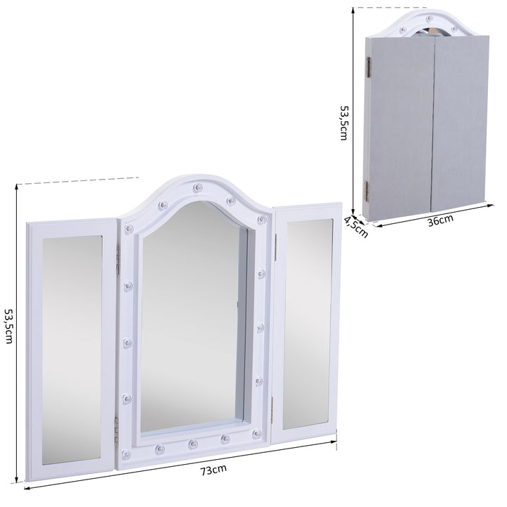 Kosmetikspejl makeupspejl 16 x led-belysning fritstående 180° foldbart batteridrevet hvid 3 spejle 73 x 53,5 x 4,5 cm