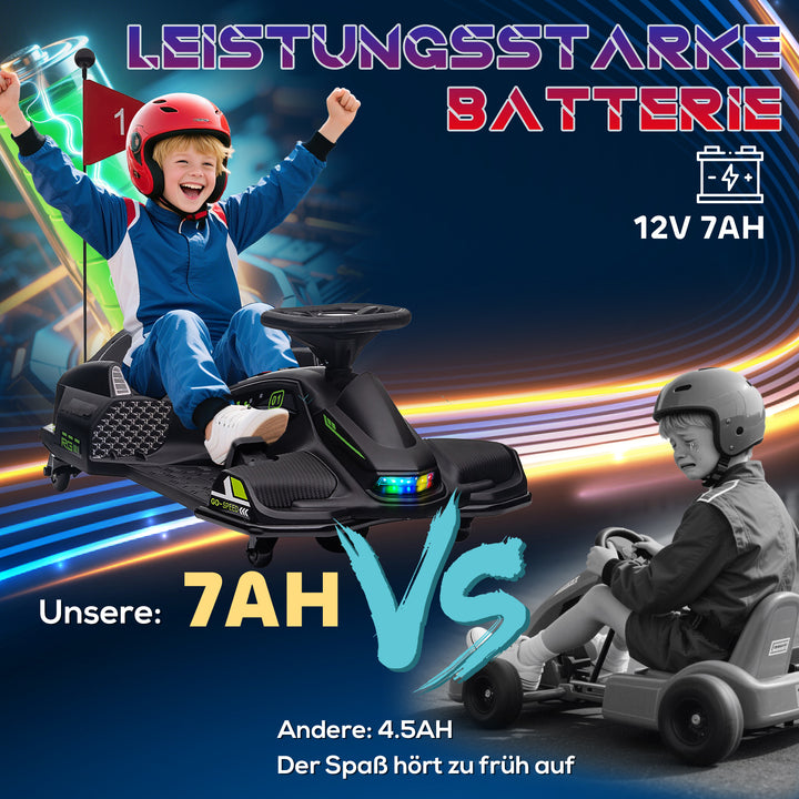 Elektrisk gokart til børn, gummihjul, 3-8 km/t, med lys og musikfunktion, sort