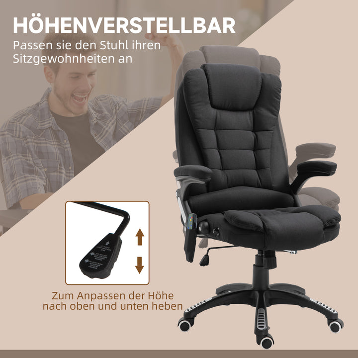 Kontorstol med vibrationsmassage, ergonomisk skrivebordsstol med varme- og lænefunktion, højdejusterbar lederstol med fjernbetjening, sidelomme, linnedlook, sort